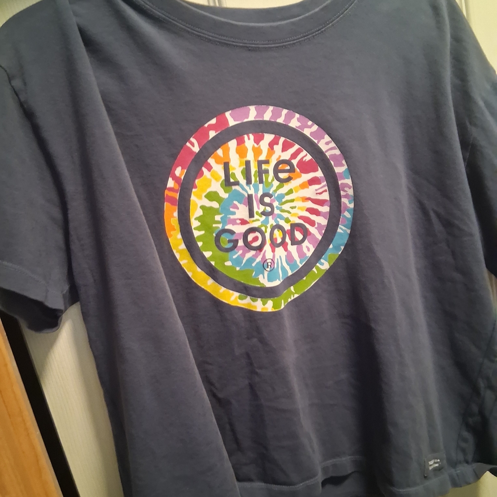 Life Is Good Navy Short Sleeve Crusher Tee with Rainbow Tie-Dye Logo Large